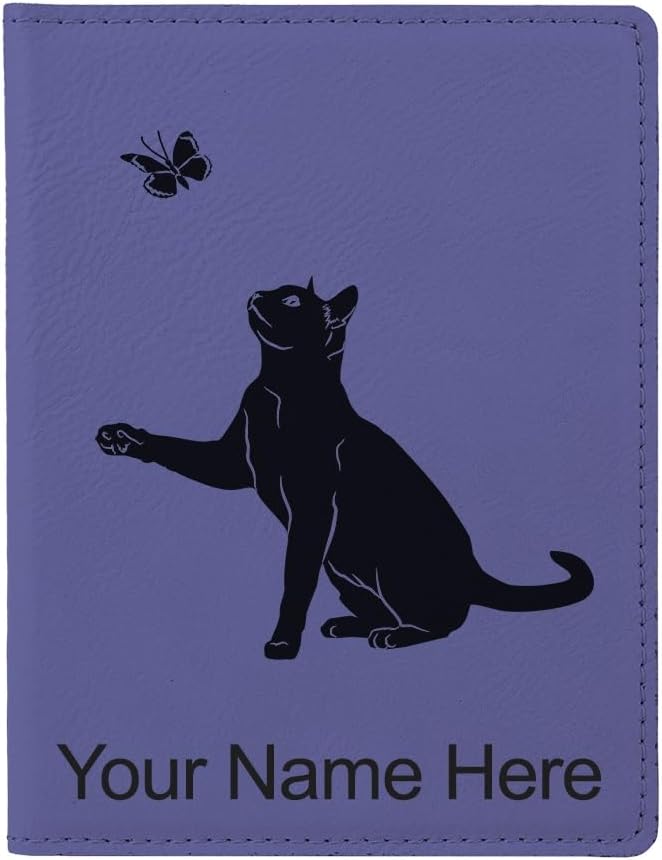 LaserGram Faux Leather Passport Holder, Cat with Butterfly, Personalized Engraving Included (Dark Purple)