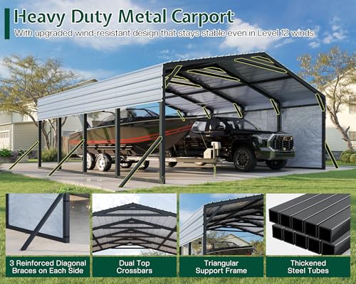 Image of Jocisland 20x20 FT Heavy Duty Metal Carport, All-Weather Car Carport with Waterproof Removable Sidewall, Galvanized Steel Roof & Reinforced Base, Canopy for Full-Sized Pickups, Bass Boats and Tractors
