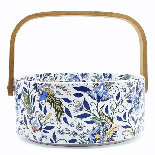 Ceramic Candy Bowl with Wood Handle Candy Dish Wedding Decorative Serving Bowl,Easter Basket,Kitchen Dining Table Office Decor(White)