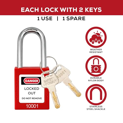 Image of Lockout Tagout Locks Set, Keyed Different 2 Keys Per Lock, OSHA Compliant Safety Padlocks, Red, 30 Pcs Safety Padlocks with 30 Lock Out Tag Out Tags for Loto Kit Stations and Devices, G01Tags