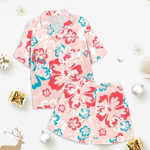 Graphic Button Down Satin 𝐏ajamas Set Girls Short Sleeve Top Shorts 𝗦leepwear Trendy Hawaii Holiday 𝗡ightwear3