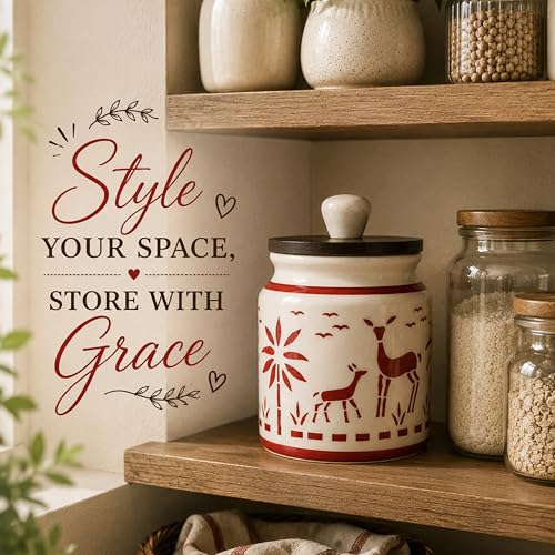 Image of Ceramic Kitchen Jars for Storage | Air Tight Containers with Wooden Lids | Masala, Salt, Pickle, Dry Fruits & Multi Utility Items Organiser Set (Hand-Painted, Red Deer, 450 ML, Pack of 1)