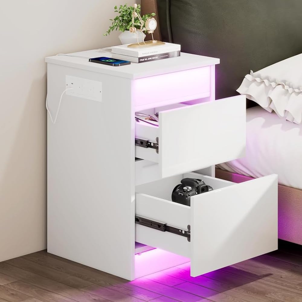 ChromaCasa Bedside Table with Charging Station 2AC + 2USB,38x35x60cm,RGB LED Light Wooden Bedside Cabinet with 2 Glossy Drawers and Lift Top, Black Nightstand with Side-integrated Charging Station — image 1