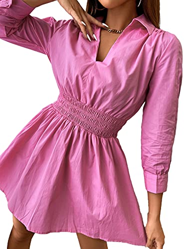 SheIn Women's 3/4 Sleeve Shirred Waist Mini T Shirt Dress Collar V Neck Flared Short Dresses Pink Small