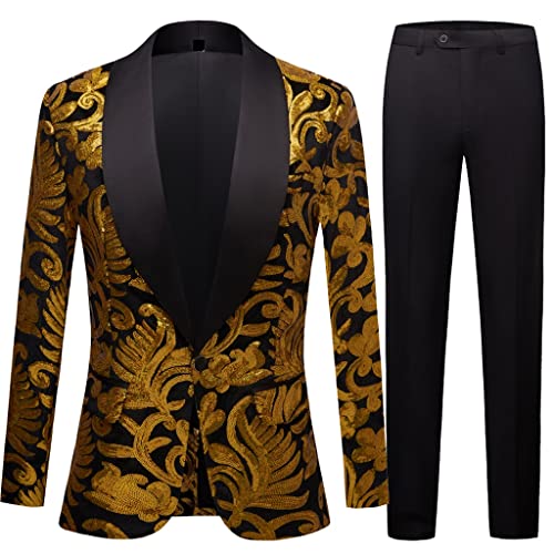 Men's Shiny Gold Sequin Glitter Embellished Men's Nightclub Wedding Party Stage 2 Piece Suit