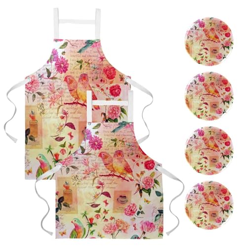 Lot de 2 tabliers de cuisine avec 4 broches à motif oiseau fleur