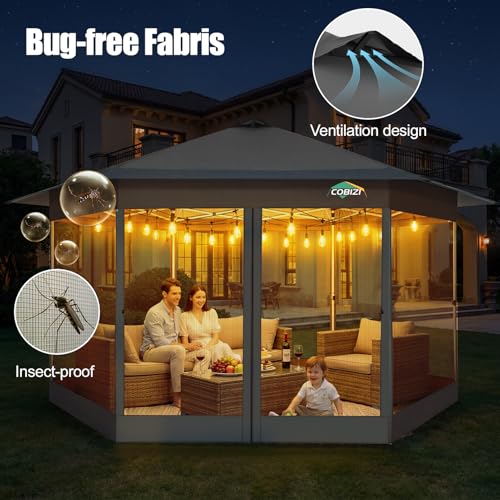Image of COBIZI 16x16 Pop Up Gazebo Tent with Mosquito Netting, Gazebos on Clearance, Hexagonal Outdoor Canopy Shelter, Patented Center Lock 6-Sided Portable Gazebos, Pop Up Canopy Tent for Backyard, Gray