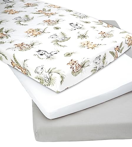 Medi Partners Spannbettlaken 60x120 3-Pack Baby Bettlaken Kinderbett Spannbetttuch 100% Baumwolle - Fitted Kinder Sheet Bettwäsche Babymatratze Schlafsack Babybett (Safari-Weiß-Graue)