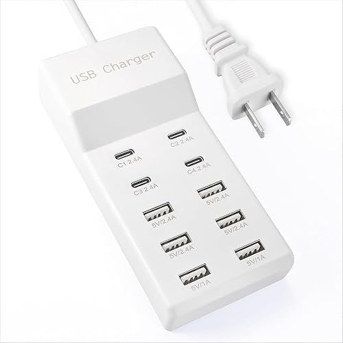 Bloque de estación de carga USB con 10 puertos (6 puertos USB-A y 4 puertos USB-C), tira de alimentación USB para teléfono inteligente, tableta,