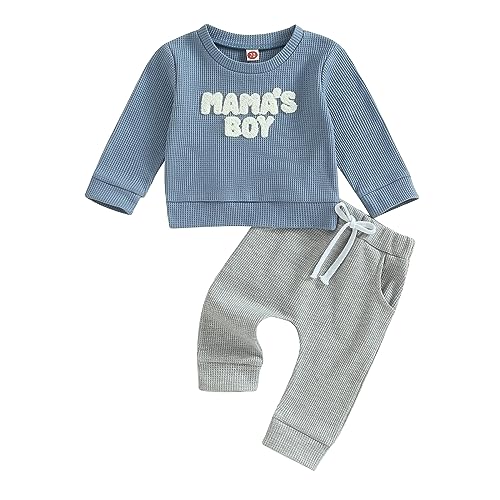 Image of Toddler Baby Boy Clothes Mamas Boy Fall Winter Outfit Long Sleeve Letter Sweatshirt Plaid Jogger Pants Newborn Set