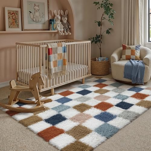 HUGEAR Kariert Flauschig Teppich Wohnzimmer 120x180cm Multicolore Weiß Shaggy Carpet