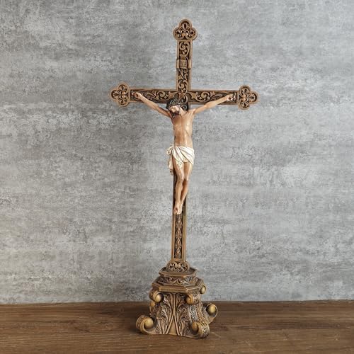 BC Catholic Standing Crucifix for Altar, Jesus Christ Tabletop Religious Home Decor, Antique Gold and Realistic Color Finish, 14.75" H Hand Painted by Buildclassic - Thumbnail 3