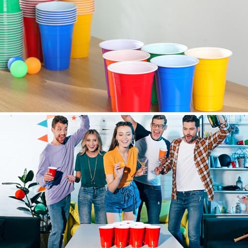 Image of Qinyoung 228 Pcs Cups and Balls Game Set for Party, Plastic Flip Cup Stacking Game Colorful Reusable Table Tennis Ball Indoor Outdoor Toss Activity for Birthday Wedding Drinking Party (Rainbow Color)