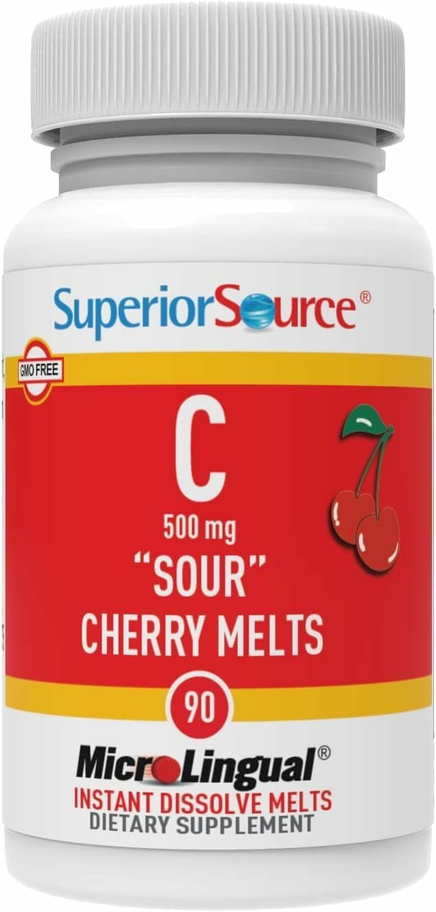 Superior Source Vitamin C 500 mg Sour Cherry Melts - Daily Vitamin Supplement Supports Immune Health - Vitamin C Formula Aids Cell Health - 90 Sublingual Dissolving Tablets (Pack of 2)