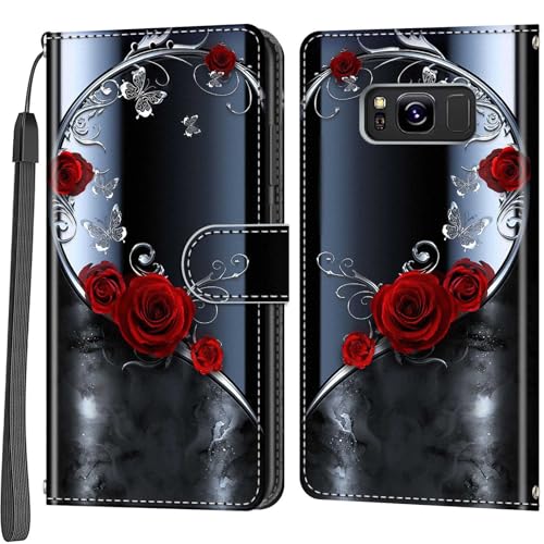 Handyhülle für Samsung Galaxy S8 Hülle Magnetische Flip Stoßfeste Schutzhülle mit Standfunktion Kartenfächern Klapphülle Handytasche silberner Schmetterling
