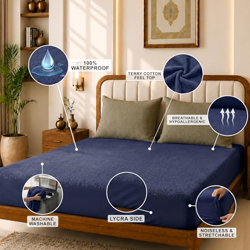 Image of Glassiano Cotton Feel Terry Ultra Soft Waterproof Mattress Protector | Breathable - Hypoallergenic Mattresses Cover with Elastic Strap for Single Bed (78x42 inch|6.5x3.5 feet, Navy Blue - Pack of 1)