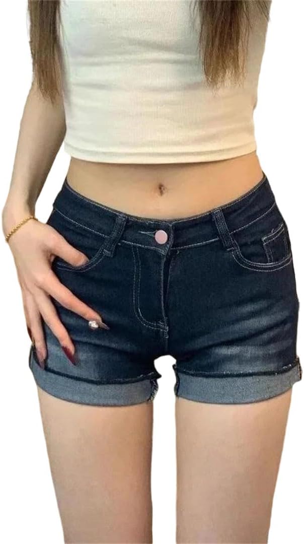 Women's Summer Plus Size Spicy Girl Elastic Waist Cuffed Denim Shorts
