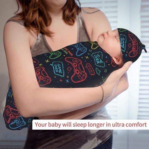 Image of Game Controller Gaming Newborn Baby Swaddle Blanket Baby Stuff,with Beanie hat Sets, Soft Gifts for Unisex Boys Girls Shower Infant
