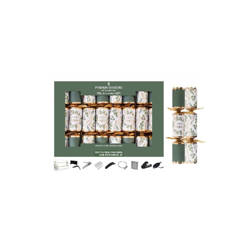 RSW 8 x Premium Eucalyptus Christmas Crackers 12.5" Xmas Luxury White Green Gold Party