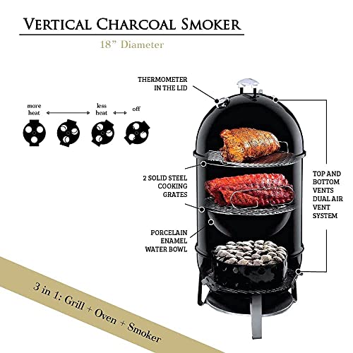Humos Combo: Outdoor Vertical Charcoal Smoker 3, Universal Cover For 18” Diameter Smoker And Premium Extra Thick Bbq Tools Set X 4 Pcs. #TOP4