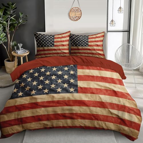 JRISEMECY 140X200 Cm Housse De Couette Drapeau Américain Vieilli Rayures Grunge Rouge 3D Motif Imprimé Parure De Lit 1 Personne Microfibre avec Taie d'oreiller 65X65 Cadeau Fête Anniversaire