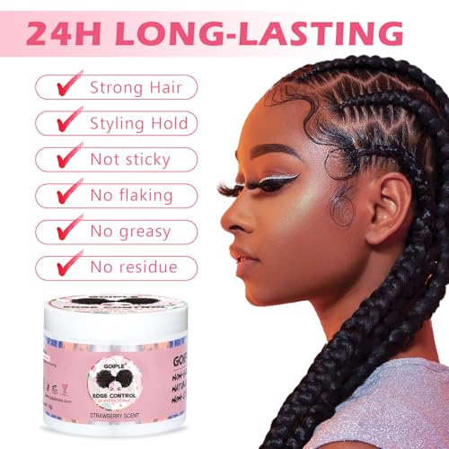 Image of Goiple Edge Control Wax for Women Strong Hold Non-greasy Edge Smoother Strawberry Scent Edge Control Wax + Edge Scarf + Hair Bonnet, Pink