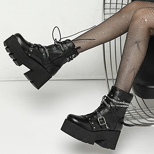 LUXMAX Women Buckle Goth Chunky Platform Ankle Boots Lace Up High Heel Motorcycle Boots with Chain4