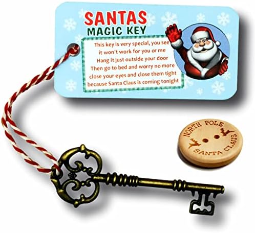 KateCreate Santa's Claus Magic Key with poem and Wooden Santa's Lost Button - Father Christmas Eve Tradition No Chimney Handmade Children's Christmas Eve Box Fillers (Blue Tag)