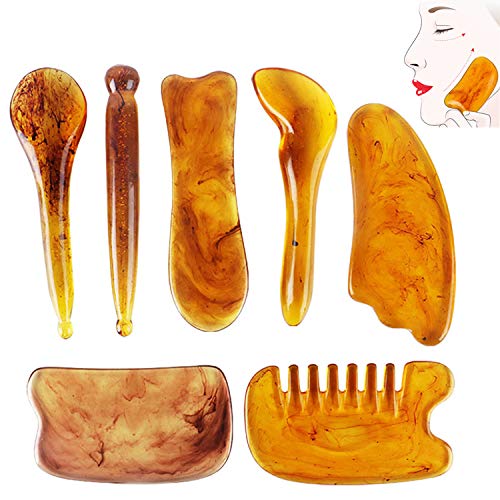 Vanchief 7Pcs Gua Sha Massage Tools Natural Resin Amber Guasha Scraper Facial Tendon Stick Eye Beauty Stick Acupuncture Scrapper For Facial And Body Massage Health Care Beauty Scrape Plate (Amber)