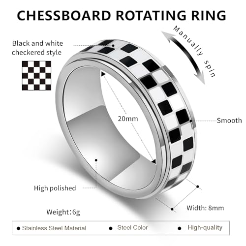 Checkerboard Fidget Ring for Men - 8mm Black and White Checkered Anxiety Spinner Jewelry for Adults, Stainless Steel Roating Ring for Stress Relief, Modern Jewelry Gift for Men Women (Silver, 10) — view 6