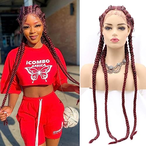 Xiweiya Wigs Long Braided Wig Wine Red Color Hair Highlight Big Braiding Synthetic Lace Front Wig with 4 Braids for Women,Drag Queen Makeup Party 36 Inches