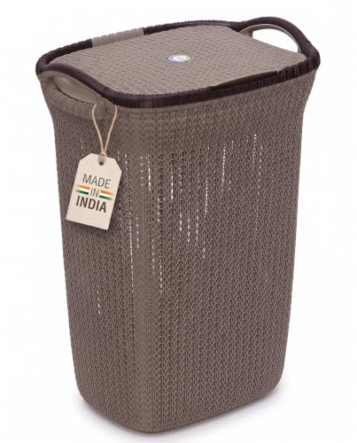 Plastic Laundry Basket with Lid | 60L Extra Large Knit Hamper | Strong & Durable | Ideal for Bathroom, Bedroom & Kids Room | Multipurpose Cloth Storage Organiser | 36 x 46 x 61 cm | Plaza