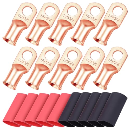 iGreely 10pcs 1/0 AWG 3/8' Wire Lugs Ring Terminals 0 Gauge Heavy Duty Battery Cable Ends Battery Terminal Connectors with 10pcs 3:1 Dual Wall Adhesive Heat Shrink