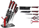 Imperial Collection IM-KST11 LG 6 Piece Knife Set, Includes 2-in-1 Scissor/Bottle Cap Opener, Peeler and Acrylic Stand, Non Stick Coating Kitchen Knives, Red/Black