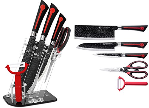 Imperial Collection IM-KST11 LG 6 Piece Knife Set, Includes 2-in-1 Scissor/Bottle Cap Opener, Peeler and Acrylic Stand, Non Stick Coating Kitchen Knives, Red/Black
