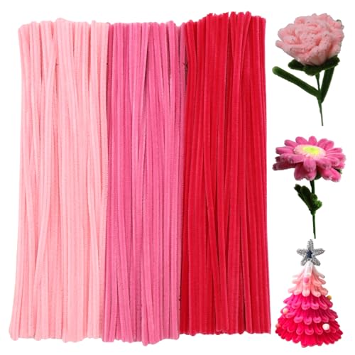 Apedoixy 300pcs Pipe Cleaners Craft Bulk 3 Assorted Colors Pink Pipe Cleaners 6mm x 12inch Thick Fuzzy Chenille Stem Sticks for Craft Art DIY Projects Decorations