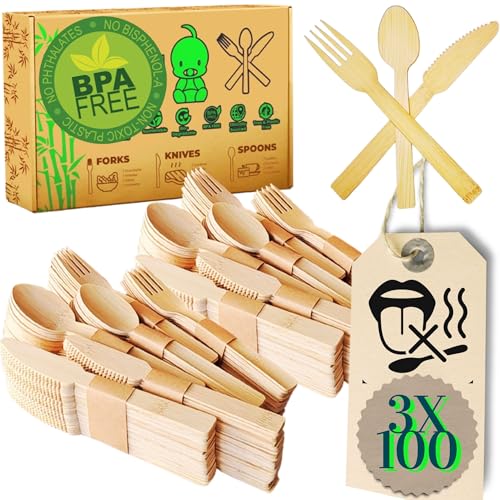 XL 300‑teiliges Bambus Besteckset | Gabel 16cm-Messer 16cm-Löffel 14cm| ohne Holzgeschmack| Umweltfreundlich, kompostierbar, wiederverwendbar | 100...
