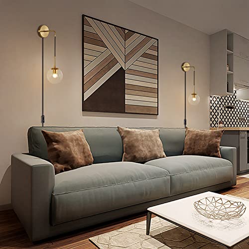 Image of KCO Modern Globe Wall Sconce with Plug in Industrial Vintage Wall Lamp On /Off Switch Minimalist 1-Light Mounted Lamps for Bedroom Living Room Corridor (Clear & 2-Pack)