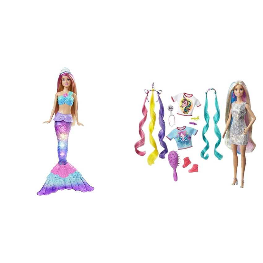 Immagine del prodotto Barbie Dreamtopia Sirena Luci Scintillanti - Bambola con Coda Luminosa - 4 Giochi di Luce - Ciocche Rosa - Alta 30,4 cm & Bambola Capelli Fantasia A Tema Unicorni E Sirene con Accessori