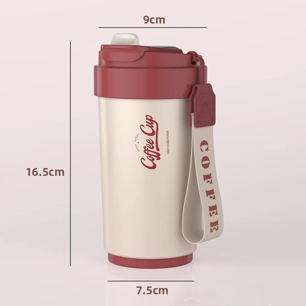 Kubek podróżny 450 ml kubek termiczny ze stali nierdzewnej szczelna pokrywka czerwony, biały, czerwony i biały, czarny ceramiczny wkład, z linką do noszenia, z klamrą blokującą do zimnych