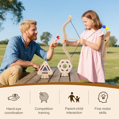 Kinderbogen Set aus Holz – Inkl. 3 Pfeilen, 3 Zielscheiben & Köcher | Bogenschießen Spielzeug ab 4 Jahre | Für Rechts-/Linkshänder | Lernspielzeug für Motorik & Konzentration