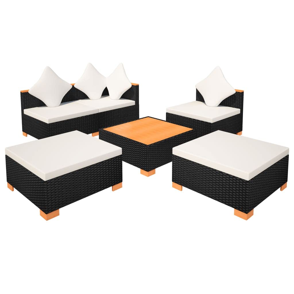 Ensemble Salon de Jardin 6 Pieces canape rotin résine tressée Noir Coussins Blanc Creme mobilier Exterieur avec Table Basse WPC modulable Jardin terrasse