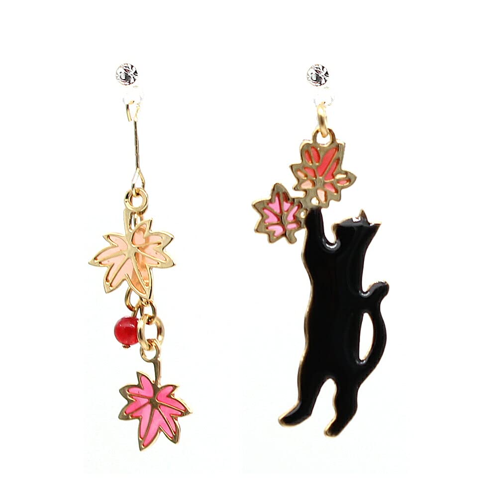 Jewelry Shop M Women's Resin Earrings, Titanium Earrings, Black Cat, White Cat, Cherry Blossom, Autumn Leaves, Asymmetric, Hypoallergenic, Made in Japan