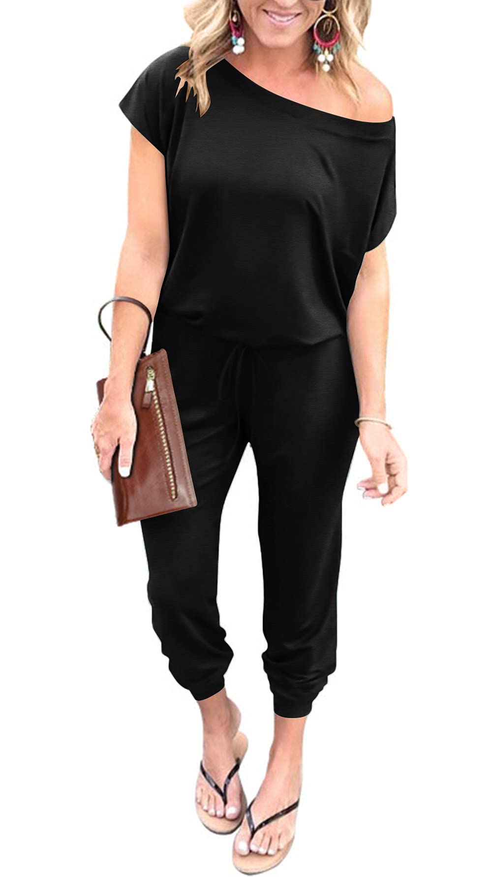 DEARCASE Damen Elegant Schulterfrei Lose Jumpsuit Kurzarm/Langarm Playsuit Dehnbar Overall Hosenanzug Elastische Taille Romper mit Taschen