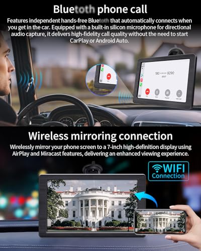Image of Apple Carplay Screen for Car, 7 inch Portable Car Stereo with Wireless Car Play & Android Auto, Mirror Link, Hands-Free, Voice Control, Memory Card Playback - Fits All Vehicles