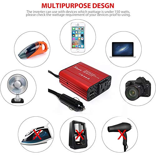 Soyond 150W Car Power Inverter - DC 12V to 110V AC Converter 4.2A Dual USB Charging Ports Car Charger Adapter Modified Sine Wave Converter for Car Cigarette Lighter with AC Outlet for Car (Red) - Thumbnail 6