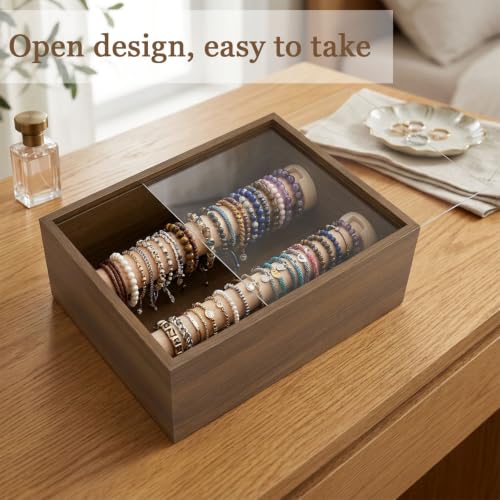 Lolytama Bracelet Holder,Bangle Box with Clear Lid & 2 Tier Display Rods,Dustproof Bracelet Storage Organizer for Bangles,Watches,Beads,Jewelry Box,Dresser Top-Walnut Wood Grain,1 Pack - Image 4