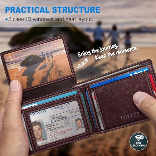 Image of miyozi AirTag Wallet for Men, Slim Leather Bifold with Holder Slot, 2 ID Windows & 13 Card Slots, RFID Blocking Front Pocket Wallet with Gift Box