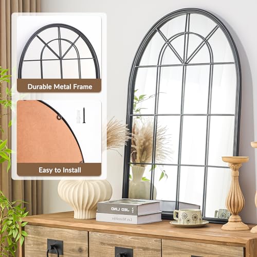 Image of Window Mirrors for Wall Decor - Large Black Farmhouse Arched Window Pane Mirror for Wall Decor Living Room,Wall Mounted Mirror for Entryway, Fireplace,Dining Room,Bedroom,36 inchX24 inch Metal Framed