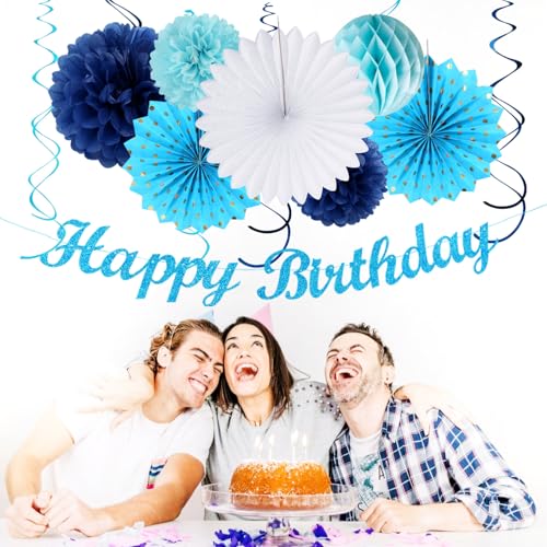 Image of Light-Royal Blue White Birthday Party-decorations - 21pcs Boys Men Ocean Happy Banner,Navy Dusty Paper Streamers Lanterns Honeycomb,tissue Pom Poms Fan,Nautical Adult Garland Supplies Decor Huglony